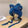 Warmer Plüsch Katzenohr Strickhut für Damen mit dickem Futter und niedlichen langen Bändern. - Einheitsgröße (56-58cm) / Blau