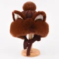 Brown winter plush ear-flap hat cute knit ushanka hat with animal ears and pom-pom decor. - One Size (56-58cm) / Brown