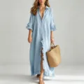 Detail of light blue long sleeve maxi shirt dress with stylish ruffle details and buttons. - 3XL / Dresses / Light Blue