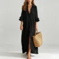Black ruffle maxi shirt dress detail showing relaxed fit, chic tiered sleeves and elegant styling. - 3XL / Dresses / Black