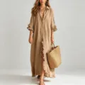 Detail view of khaki ruffle long sleeve shirt dress with woven straw bag in casual studio scene. - 3XL / Dresses / Khaki