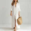 Women white ruffle button down maxi shirt dress casual long sleeve summer beach cover-up. - 3XL / Dresses / White