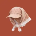 Japanese pastoral gingham baseball cap with white lace trim headscarf sun protection hat. - Adjustable / Orange
