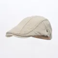 Vintage washed denim flat cap for men and women, classic ivy newsboy hat with adjustable strap. - Beige