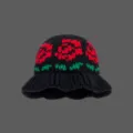 Black knitted bucket hat featuring a vibrant red rose and green stem floral knit pattern. - One Size (56-58cm) / Black