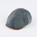 Vintage washed denim flat cap with leather brim, stylish newsboy beret for men and women spring - Adjustable / Denim Vintage Blue