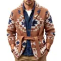 Cárdigan de punto con cuello chal y jacquard azteca vintage para hombre con cinturón y camisa. - M / Tops / Marrón