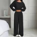 Women's Casual Solid Color Knit Cropped Sweatshirt Wide Leg Pants Loungewear Set - S / Top And Bottom / Black