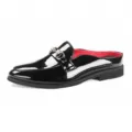 Men's patent leather mules casual slip-on shoes with metal buckle red lining summer loafers - 38 / Black