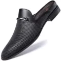 Men's summer casual leather half slippers, breathable mesh backless mules with metal buckle. - 38 / Black Perforated