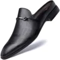Men's premium black leather backless loafers casual slip-on shoes for summer wear - 38 / Black Checkered