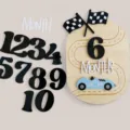 Wooden baby milestone monthly plaque set with race car theme and interchangeable numbers. - 16x11x0.6cm / Car Baby Milestone Sign