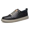 Men's Black Casual Leather Monogram Sneakers Stylish Lace-Up Low-Top Walking Shoes - 37 / Black