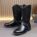 Herren schwarze Leder Stiefel, klassische Biker Reiterstiefel mit Metallring und Nieten Dekor. - 38 / Schwarz