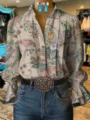 Vintage Blumenmuster Langarm Schlagarm Damen Bluse elegante Freizeit Hemd Top - Oberteil - Mehrfarbig Vintage Floral (Modell 7)