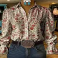Damen Langarm Bluse mit Blumenmuster Vintage Stil Freizeithemd Knöpfe Schlagärmel elegant - XS / Oberteil - Vintage Rot-Grün Floral (Modell 1)