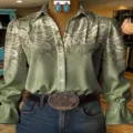 Damen Grüne Paisley Print Langarm Bluse Vintage Rüschen Bündchen Freizeit Stil Hemd - XS / Oberteil - Vintage Grün Paisley (Modell 2)