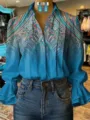 Damen 3D Digitaldruck Trommelarm Hemd Langarm Vintage Paisley Muster elegante Freizeibluse - XS / Oberteil - Blau Paisley Ethno (Modell 3)