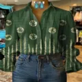 Grüne Langarmbluse mit 3D Digitaldruck, elegante Vintage Stil Freizeitoberteile für Frauen. - XS / Oberteil - Dunkelgrün Punkt Streifen (Modell 4)
