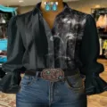 Damen Langarm Bluse schick 3D Digitaldruck Schlagarm Freizeit Hemd stilvolles Oberteil - Oberteil - Schwarz Digitaler Spleiß (Modell 6)