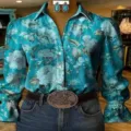 Damen lässige Langarm Bluse mit türkisem Blumen 3D-Druck und eleganten Trommelärmeln. - Oberteil - Blaugrün 3D-Druck (Modell 8)