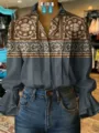 Blouse décontractée manches longues pour femme avec imprimé 3D ethnique et poignets évasés. - XS / Hauts / Imprimé Géométrique Vintage Bleu (Style 1)