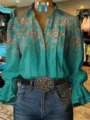 Femme Boho Imprimé 3D Manches Longues Évasées Col V Chemisier Casual en Couleur Teal - XS / Hauts / Imprimé Western Vintage Sarcelle (Style 2)