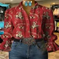 Chemise femme manches longues cloche imprimé cowboy western vintage élégant haut chic - XS / Hauts / Imprimé Cowboy Vintage Rouge (Style 3)
