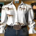 Women casual long sleeve blouse vintage horse 3d print lapel button down shirt top - Vintage Horse Racing 3D Print (Style 5)