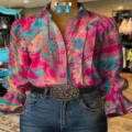Damen Langarm Paisly Print Bluse V-Ausschnitt Freizeit Hemd stylisches Retro Oberteil - Oberteil - Vintage V-Ausschnitt Puffärmel (Modell 9)