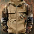 Felpa con cappuccio e zip vintage da uomo con tasche e stampa di cervo nella foresta. - Taglia S / Top / Stampa Integrale Cervo della Foresta (40)