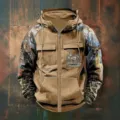 Sweat-shirt à capuche zippé vintage pour homme avec motif camouflage et cerf de chasse. - S / Hauts / Brun Camo Cerf (Style 3)