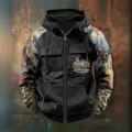 Sweat à capuche zippé vintage pour hommes avec manches camouflage de cerf de chasse. - S / Hauts / Noir Camo Cerf (Style 1)