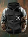Felpa con cappuccio e zip da uomo vintage da lavoro con comode maniche camo e stampa. - Taglia S / Top / Camo Cervo Nero Vintage (Stile 10)