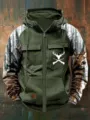 Felpa con cappuccio tattica retrò da uomo con zip, tasche multiple e stampa cervo. - Taglia S / Top / Verde Oliva Camo Patchwork (12)