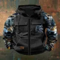 Felpa con cappuccio e zip vintage da uomo con maniche con grafica lupo e tasche. - Taglia S / Top / Nero Stampa Lupo