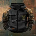 Felpa con cappuccio e zip da uomo vintage da lavoro con tasche e stampa di cervo. - Taglia S / Top / Nero Stampa Bestia