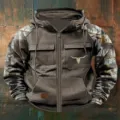 Felpa con cappuccio uomo vintage workwear zip tasche multiple e maniche camouflage. - Taglia S / Top / Grigio Scuro Mimetico Teschio di Toro (Stile 35)