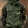 Felpa con cappuccio e zip uomo camouflage vintage con tasche tattiche e stampa di cervo - Taglia S / Top / Verde Patchwork Mimetico Cervo che Salta (Stile 36)