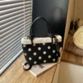 Bolso cubo de ante negro con lunares y ribete de felpa, elegante bolso retro para mujer. - Sin colgante / Negro
