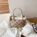 Bolso cubo de ante con lunares retro y ribete de borreguito sintético, bolso de mano y cruzado. - Sin colgante / Caqui