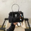 Black suede women's top handle handbag casual retro shoulder crossbody bag with beads. - Black with Charm