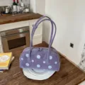 Bolso de boliche de lunares morado para mujer, elegante bolso de hombro de cuero con doble asa. - Púrpura Sin Colgante