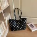 Vintage polka dot suede tote bag for women, large capacity shoulder handbag for autumn winter. - No Pendant / Black
