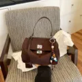 Brown suede handbag for women, chic top handle shoulder bag with stylish beaded charm accessory - Coffee With Pendant