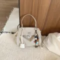 Suede Women Handbag Niche Vintage Top Handle Shoulder Crossbody Bag Large Capacity Chic - Beige with Pendant