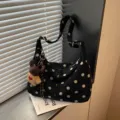 Vintage polka dot hobo shoulder bag for women, large capacity suede crossbody bag with bear. - With Pendant / Black