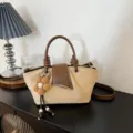 Vintage suede tote bag for women, stylish brown and beige shoulder crossbody bag with flower pendant. - With Pendant / Khaki