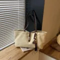 Vintage canvas tote bag for women, large capacity casual shoulder bag with brown leather strap. - With Pendant / Beige