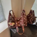 Brown Polka Dot Suede Shoulder Bag Chic Retro Underarm Bag with Cute Bear Pendant Variant - With Pendant / Coffee